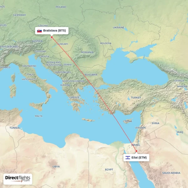 Bratislava - Eilat direct flight map