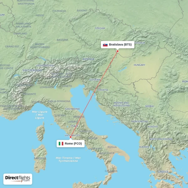 Bratislava - Rome direct flight map