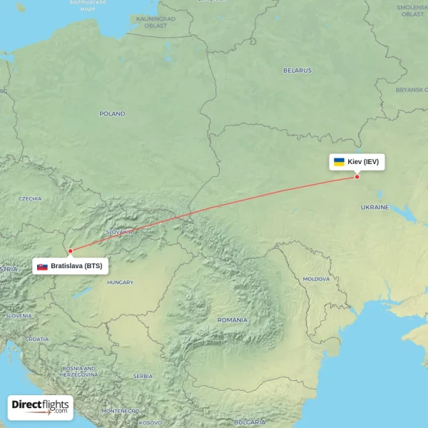 Bratislava - Kiev direct flight map