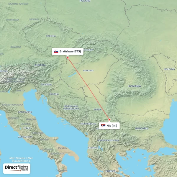 Bratislava - Nis direct flight map