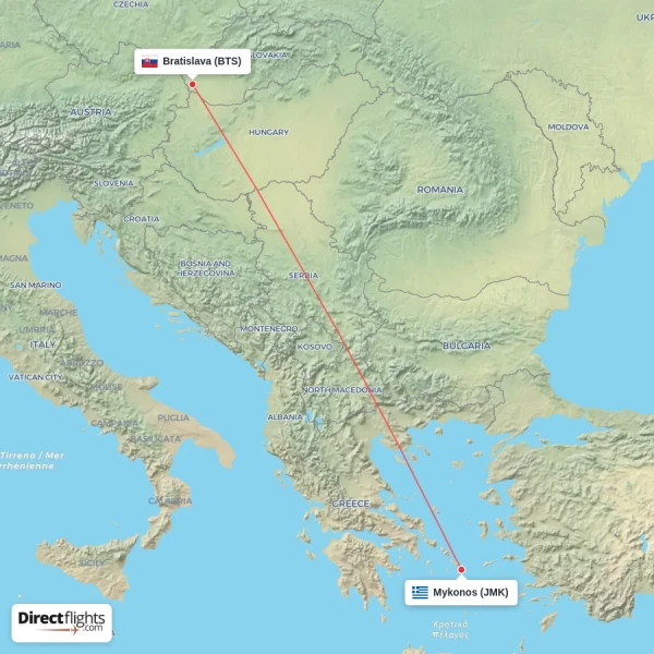 Bratislava - Mykonos direct flight map