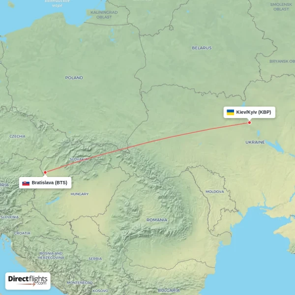 Bratislava - Kiev/Kyiv direct flight map
