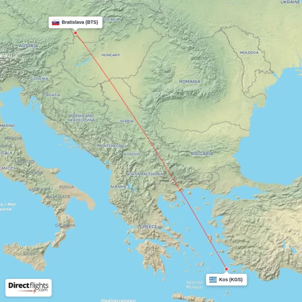 Bratislava - Kos direct flight map