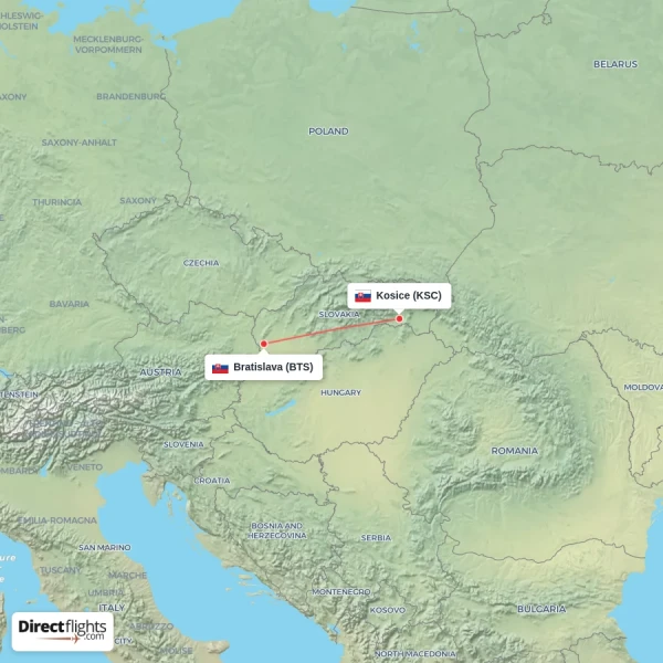 Bratislava - Kosice direct flight map