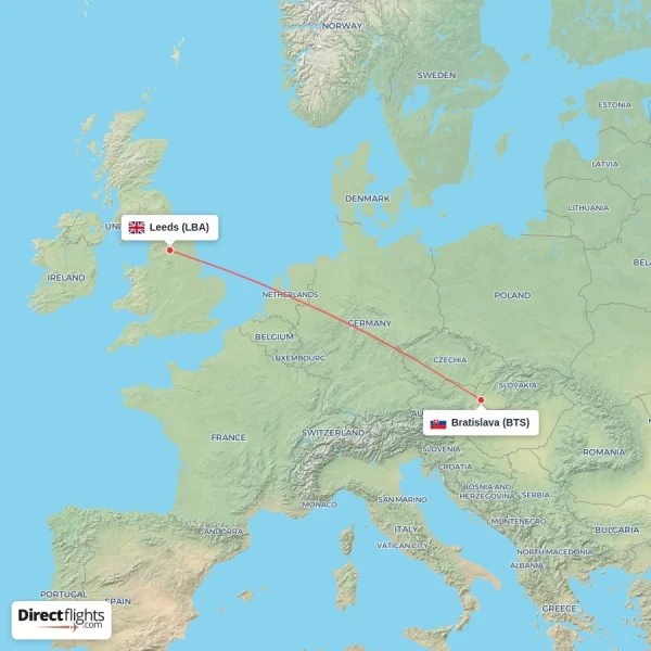 Bratislava - Leeds direct flight map