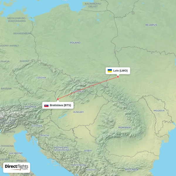 Bratislava - Lviv direct flight map