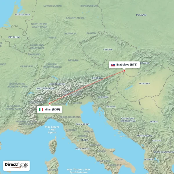 Bratislava - Milan direct flight map