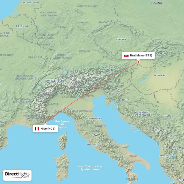 Bratislava - Nice direct flight map