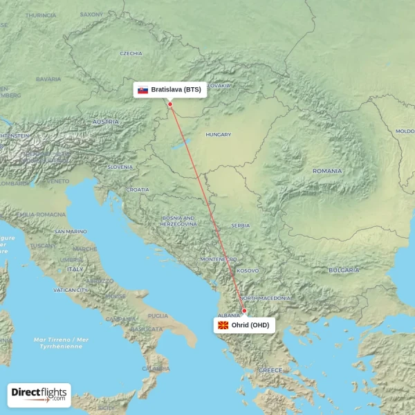 Bratislava - Ohrid direct flight map