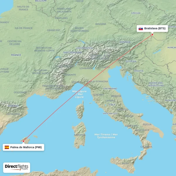 Bratislava - Palma de Mallorca direct flight map