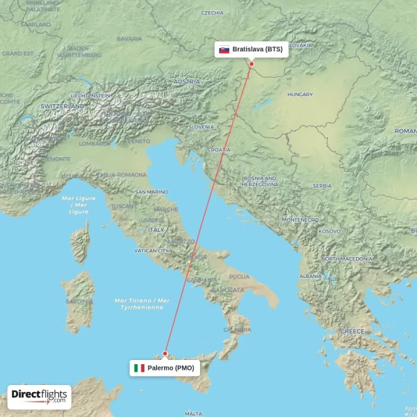 Bratislava - Palermo direct flight map