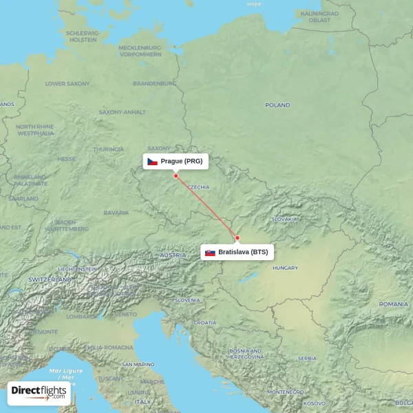 Bratislava - Prague direct flight map