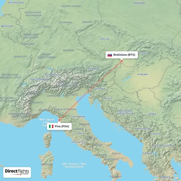 Bratislava - Pisa direct flight map