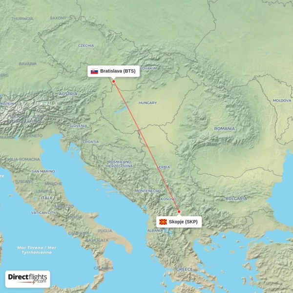Bratislava - Skopje direct flight map