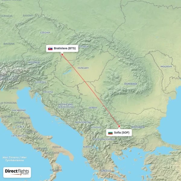 Bratislava - Sofia direct flight map