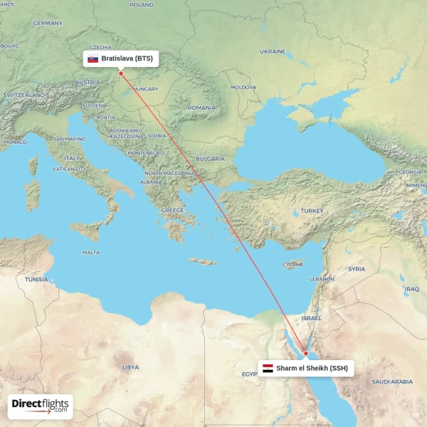 Bratislava - Sharm el Sheikh direct flight map