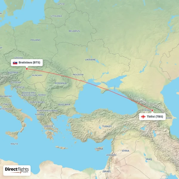 Bratislava - Tbilisi direct flight map