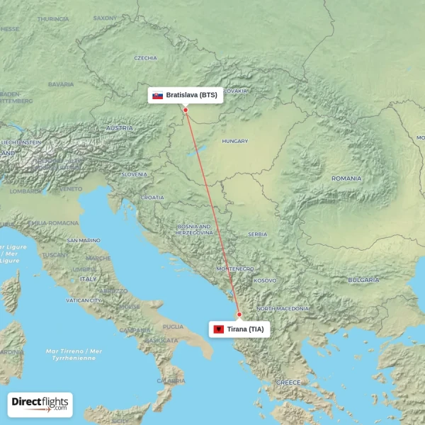 Bratislava - Tirana direct flight map