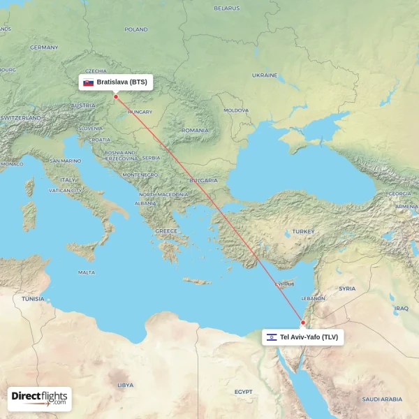 Bratislava - Tel Aviv-Yafo direct flight map