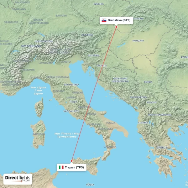 Bratislava - Trapani direct flight map