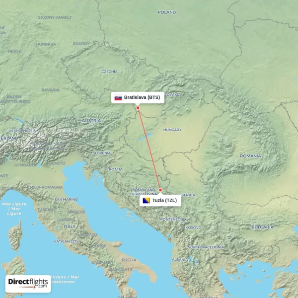 Bratislava - Tuzla direct flight map