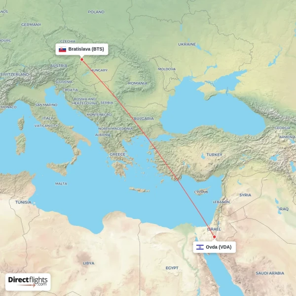 Bratislava - Ovda direct flight map