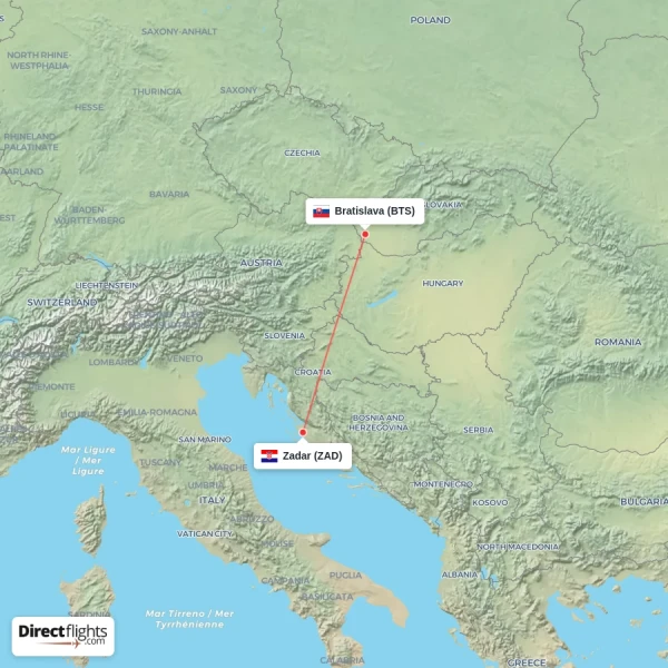 Bratislava - Zadar direct flight map