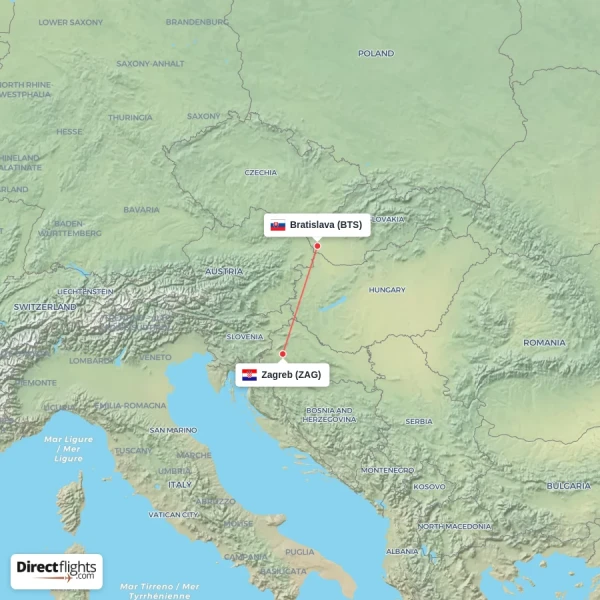 Bratislava - Zagreb direct flight map