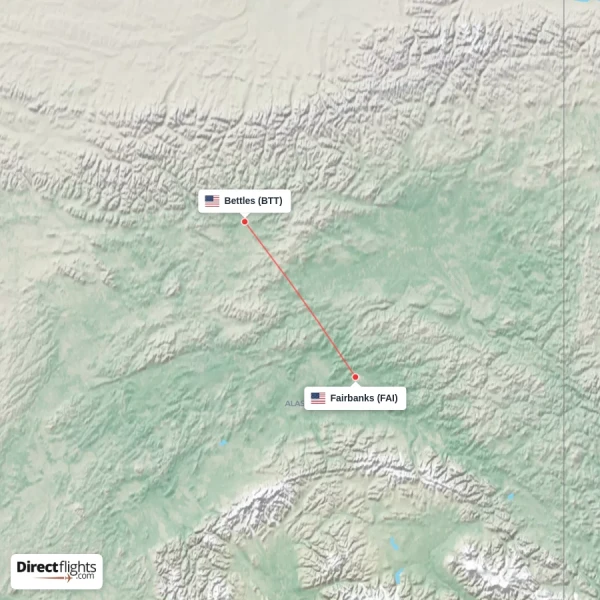 Bettles - Fairbanks direct flight map