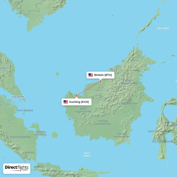 Bintulu - Kuching direct flight map