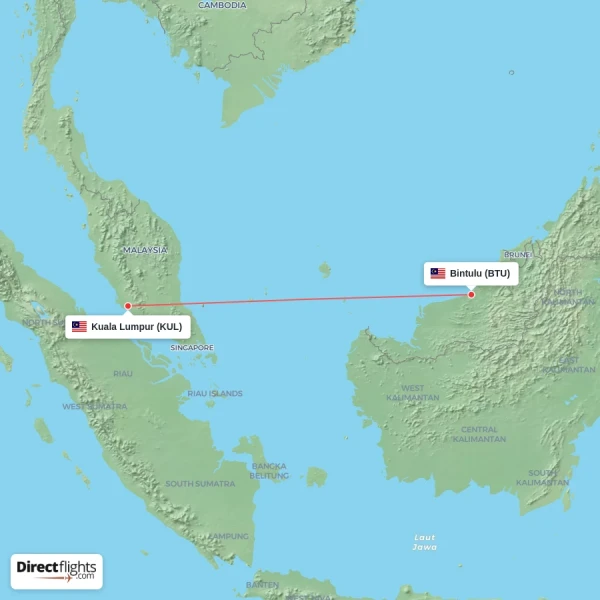 Bintulu - Kuala Lumpur direct flight map