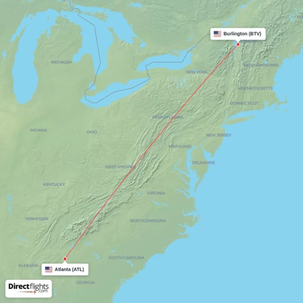 Burlington - Atlanta direct flight map
