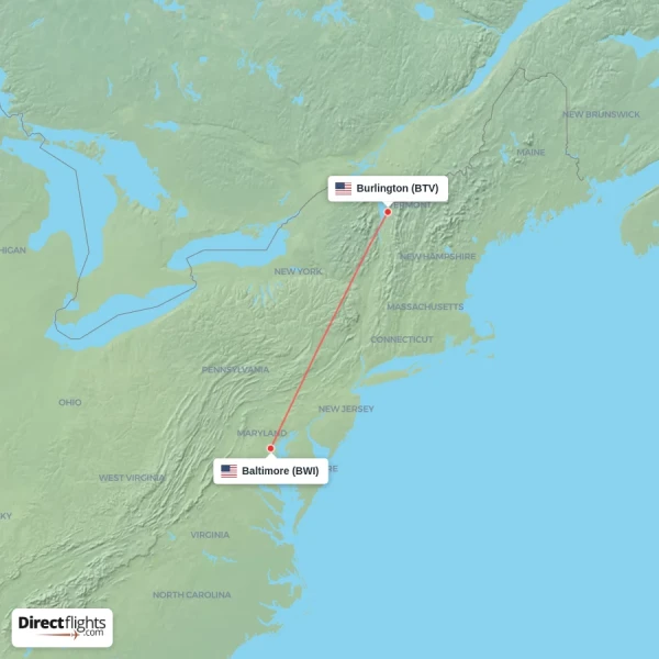 Burlington - Baltimore direct flight map