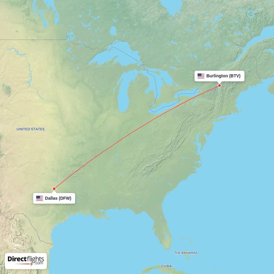 BTV - DFW route map