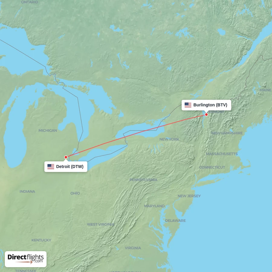 BTV - DTW route map