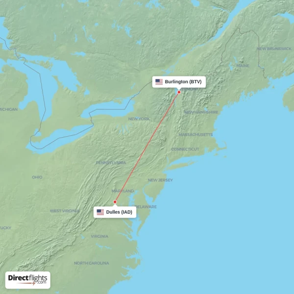 Burlington - Dulles direct flight map