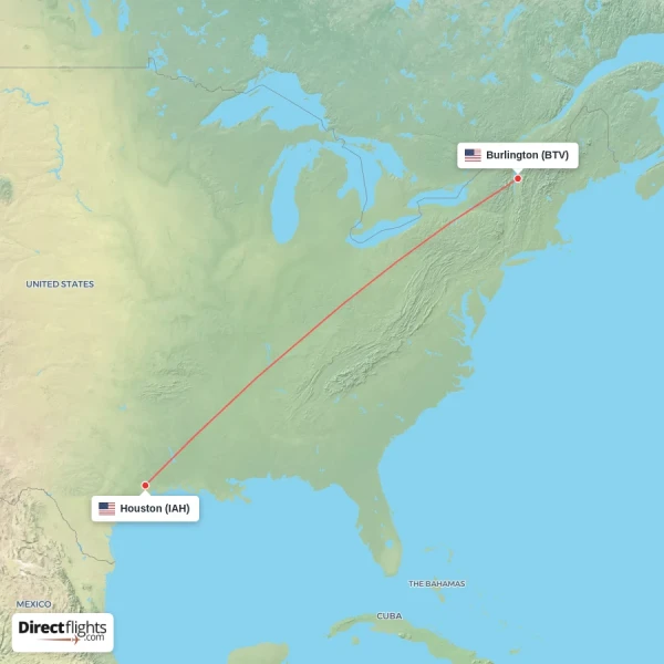 Burlington - Houston direct flight map