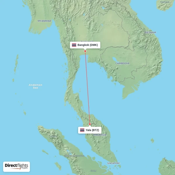 Yala - Bangkok direct flight map