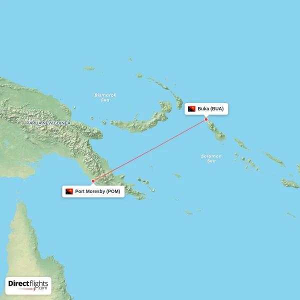 Buka - Port Moresby direct flight map