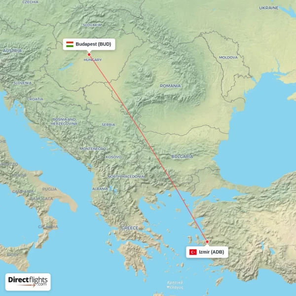 Budapest - Izmir direct flight map