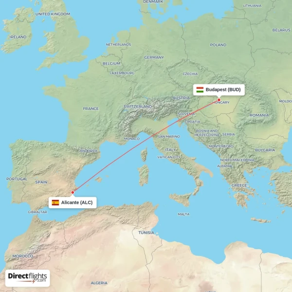 Budapest - Alicante direct flight map