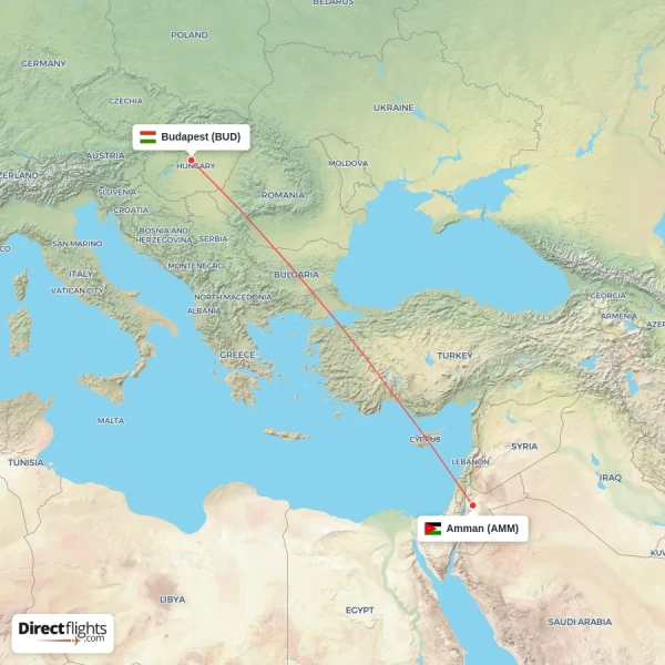 Budapest - Amman direct flight map