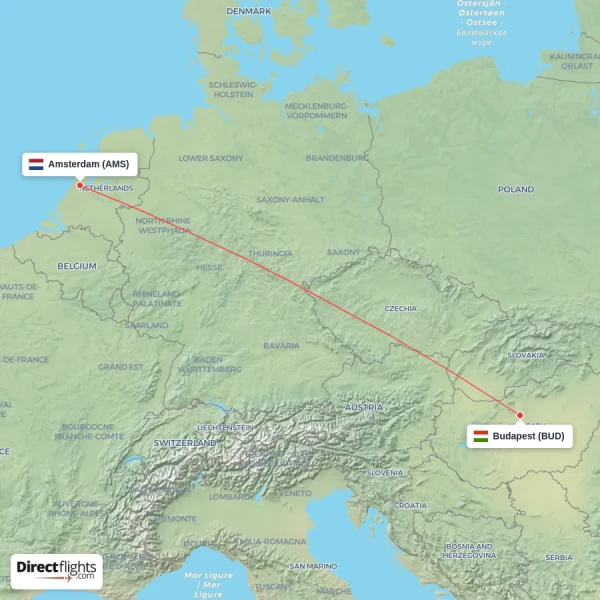 Budapest - Amsterdam direct flight map