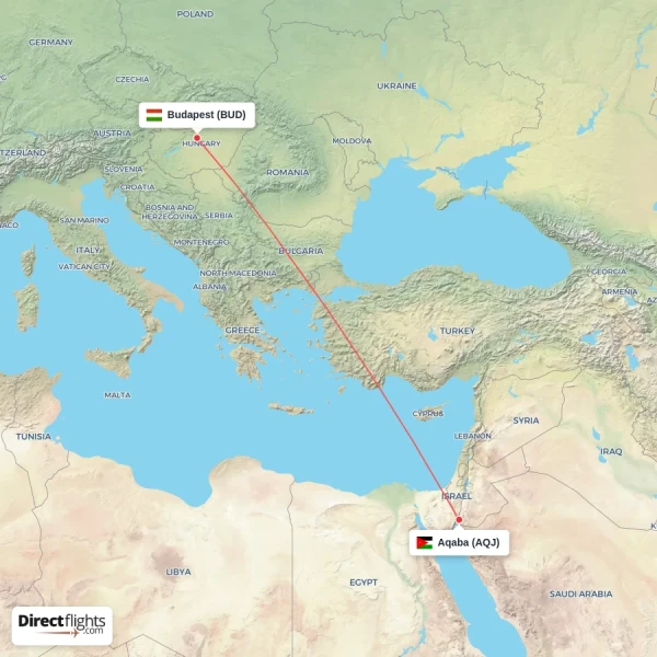 Budapest - Aqaba direct flight map