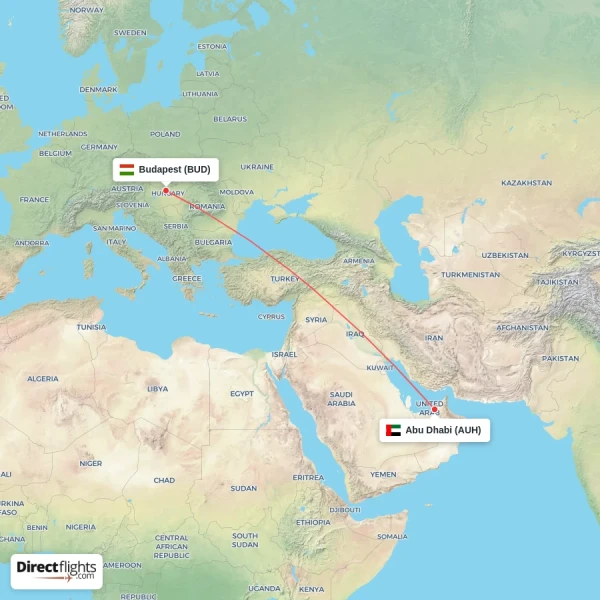 Budapest - Abu Dhabi direct flight map