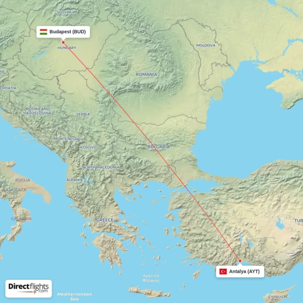 Budapest - Antalya direct flight map