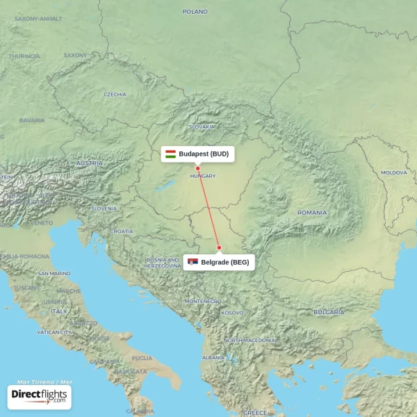 Budapest - Belgrade direct flight map