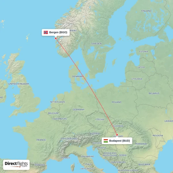 Budapest - Bergen direct flight map