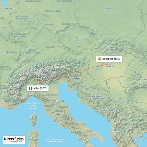 Budapest - Milan direct flight map