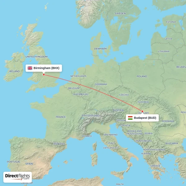Budapest - Birmingham direct flight map